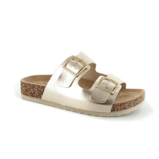 Bronte: Women's Double Buckle Two Strap Slides - Gold