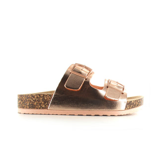 Bronte: Women's Double Buckle Two Strap Slides - Rose Gold