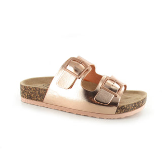 Bronte: Women's Double Buckle Two Strap Slides - Rose Gold