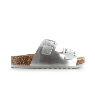 Bronte: Women's Double Buckle Two Strap Slides - Silver