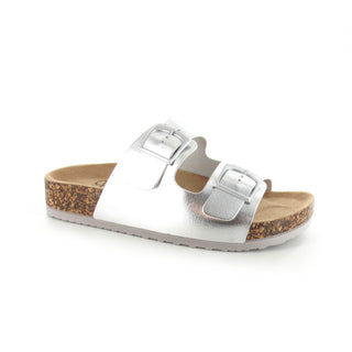Bronte: Women's Double Buckle Two Strap Slides - Silver