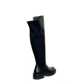 KEARA: WOMEN'S KNEE HIGH PULL ON BIKER STRETCH BOOT - BLACK PU