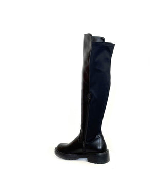 KEARA: WOMEN'S KNEE HIGH PULL ON BIKER STRETCH BOOT - BLACK PU