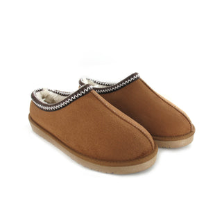Kelly: Embroided Faux Fur Lined Mule Slippers - Chestnut