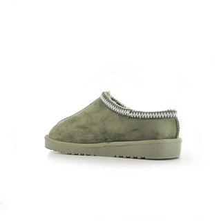 Kelly: Embroided Faux Fur Lined Mule Slippers - Olive