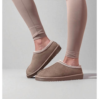 Kelly: Embroided Faux Fur Lined Mule Slippers - Beige