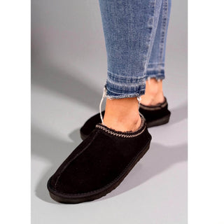 Kelly: Embroided Faux Fur Lined Mule Slippers - Black