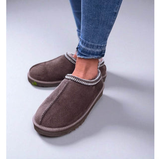 Kelly: Embroided Faux Fur Lined Mule Slippers - Mocca