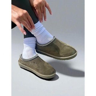 Kelly: Embroided Faux Fur Lined Mule Slippers - Olive