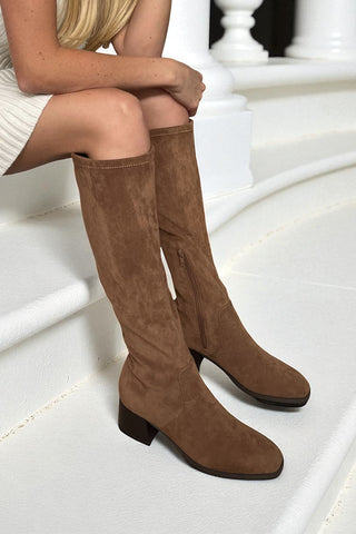 Maddie: Knee High Stretch Boot - Tan Faux Suede