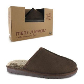 Jack: Mens Luxury Faux Fur Lined Mule Slippers - Brown