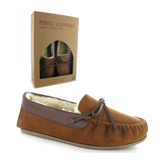 Clive: Mens Luxury Faux Fur Lined Moccasin Slippers - Chestnut