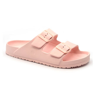 Shells: Women's Double Buckle Two Strap Slides - Pink