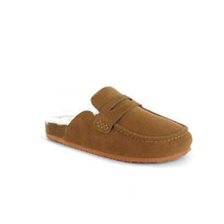 Bambi: Tan - Cow Suede Leather Flat Faux Fur Lined Loafer Mule Clogs