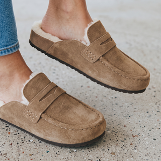 Bambi: Mocha - Cow Suede Leather Flat Faux Fur Lined Loafer Mule Clogs