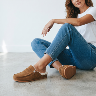 Bambi: Tan - Cow Suede Leather Flat Faux Fur Lined Loafer Mule Clogs