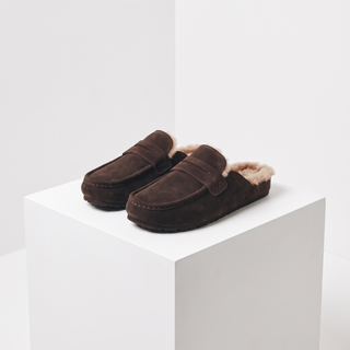 Bambi: Brown - Cow Suede Leather Flat Faux Fur Lined Loafer Mule Clogs