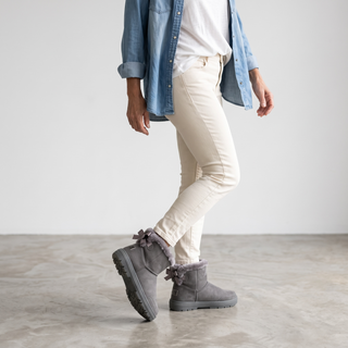 Belle - Luxury Faux Fur Bow Mini Boots - Grey
