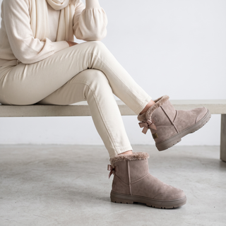 Belle - Luxury Faux Fur Bow Mini Boots -Taupe