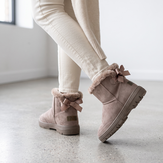 Belle - Luxury Faux Fur Bow Mini Boots -Taupe