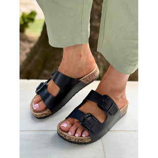 Bronte: Women's Double Buckle Two Strap Slides - Black