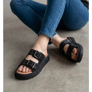 Cara: Flat Cushioned Chunky Sole Double Buckle Sandal - Black