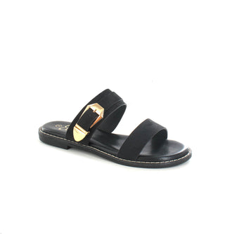 Cassie : Buckled Flat Open Toe Slip On Sandal - Black