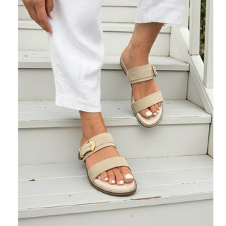 Cassie : Buckled Flat Open Toe Slip On Sandal - Stone