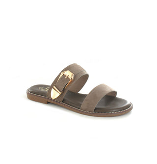 Cassie : Buckled Flat Open Toe Slip On Sandal - Taupe