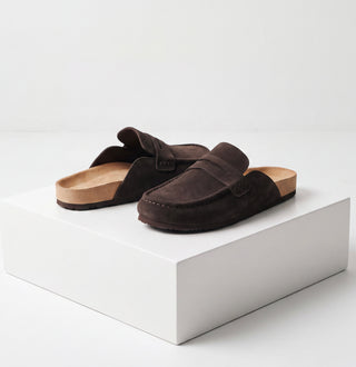 Harley: Brown - Cow Suede Leather Flat Loafer Mule Clogs