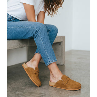 Harley: Tan - Cow Suede Leather Flat Loafer Mule Clogs