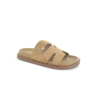Hatti: Gladiator Flat Strap Velcro Sandal - Taupe Faux Suede