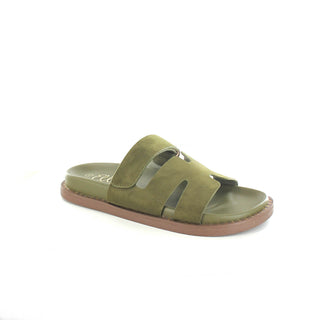 Hatti: Gladiator Flat Strap Velcro Sandal - Olive Faux Suede