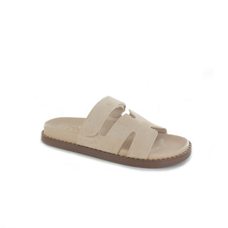 Hatti: Gladiator Flat Strap Velcro Sandal - Stone Faux Suede
