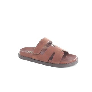 Hatti: Gladiator Flat Strap Velcro Sandal - Tan Faux Suede