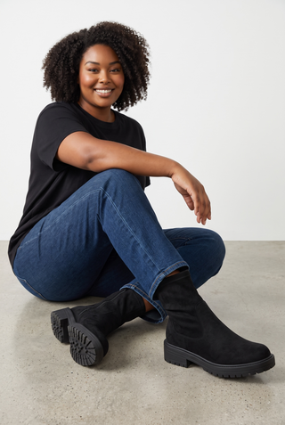 JADE - Chunky Stretch Biker Boot - Black Faux Suede