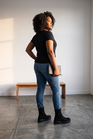 JADE - Chunky Stretch Biker Boot - Black Faux Suede