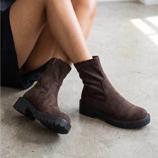 JADE -  Chunky Stretch Biker Boot - Brown Faux Suede