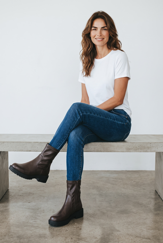 JADE - Chunky Stretch Biker Boot - Brown