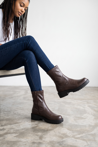 JADE - Chunky Stretch Biker Boot - Brown