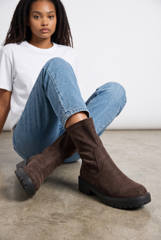 JADE -  Chunky Stretch Biker Boot - Brown Faux Suede