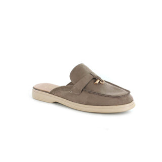 Kennedy: Faux Suede Tassel Backless loafers - Taupe