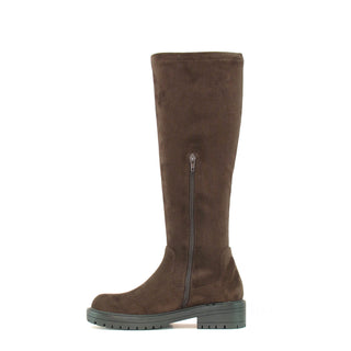 Nicola: Women's Knee High Chunky Pull On Biker Boot - Brown Faux Suede