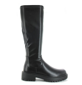 Nicola: Women's Knee High Chunky Pull On Biker Boot - Black