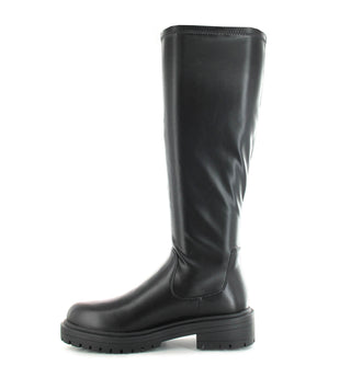 Nicola: Women's Knee High Chunky Pull On Biker Boot - Black