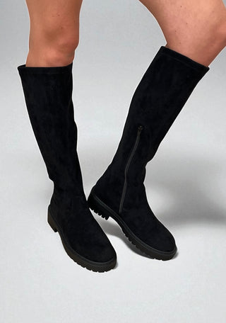 Nicola: Women's Knee High Chunky Pull On Biker Boot - Black Faux Suede