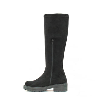 Nicola: Women's Knee High Chunky Pull On Biker Boot - Black Faux Suede