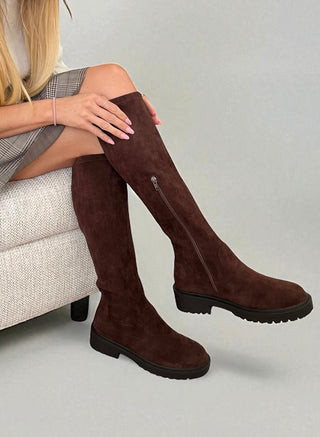 Nicola: Women's Knee High Chunky Pull On Biker Boot - Brown Faux Suede