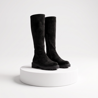 Nicola - Knee High Magic Stretch Boots - Black Faux Suede