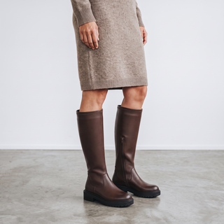 Nicola - Knee-High Magic Stretch Boots - Brown Faux Leather -  Size Down 1 Size for a Standard Fit, True to Size for Wide Fit
